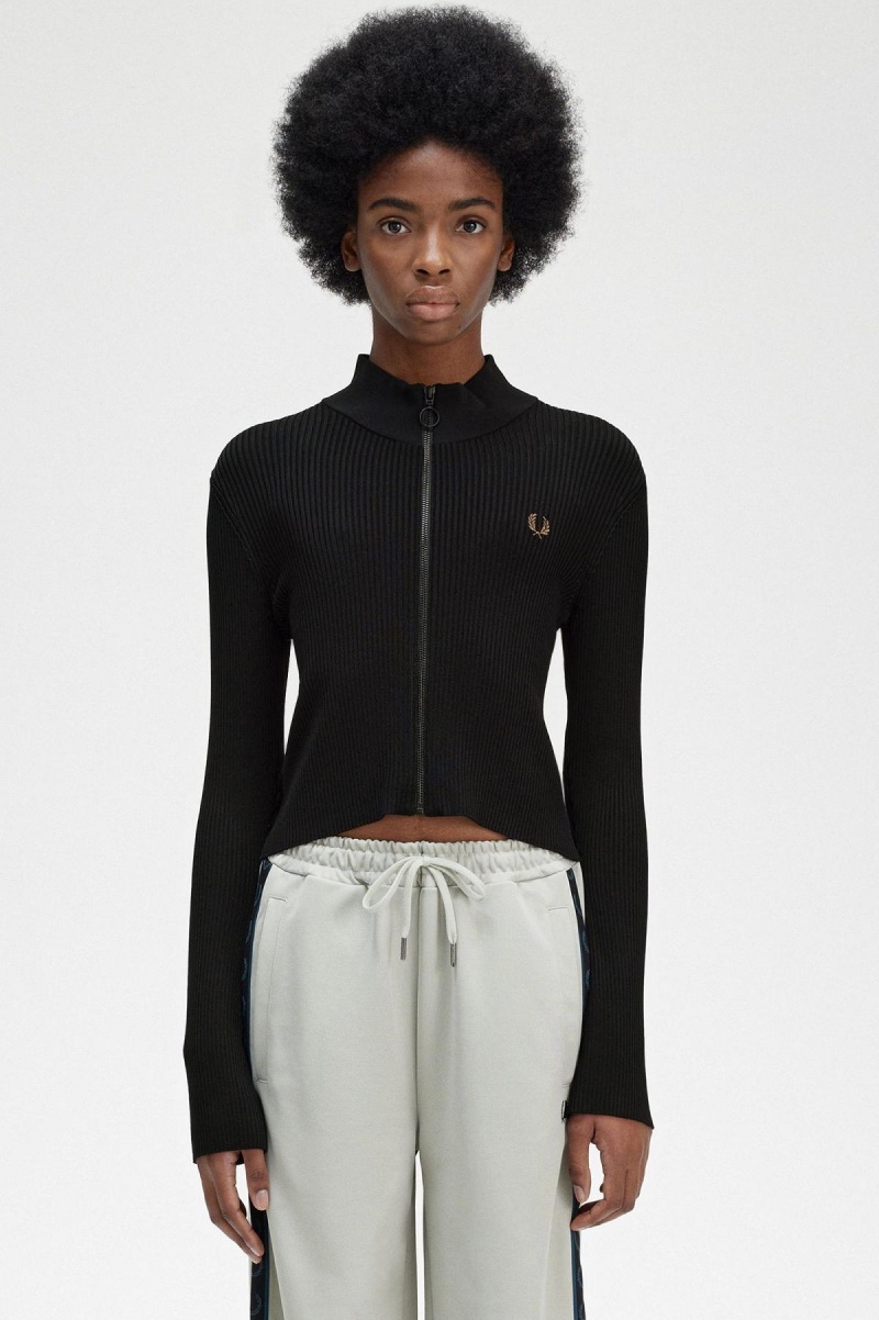 Fred Perry Gerippt Zip Through Jumper Strickwaren Damen Schwarz | CHZDE46200