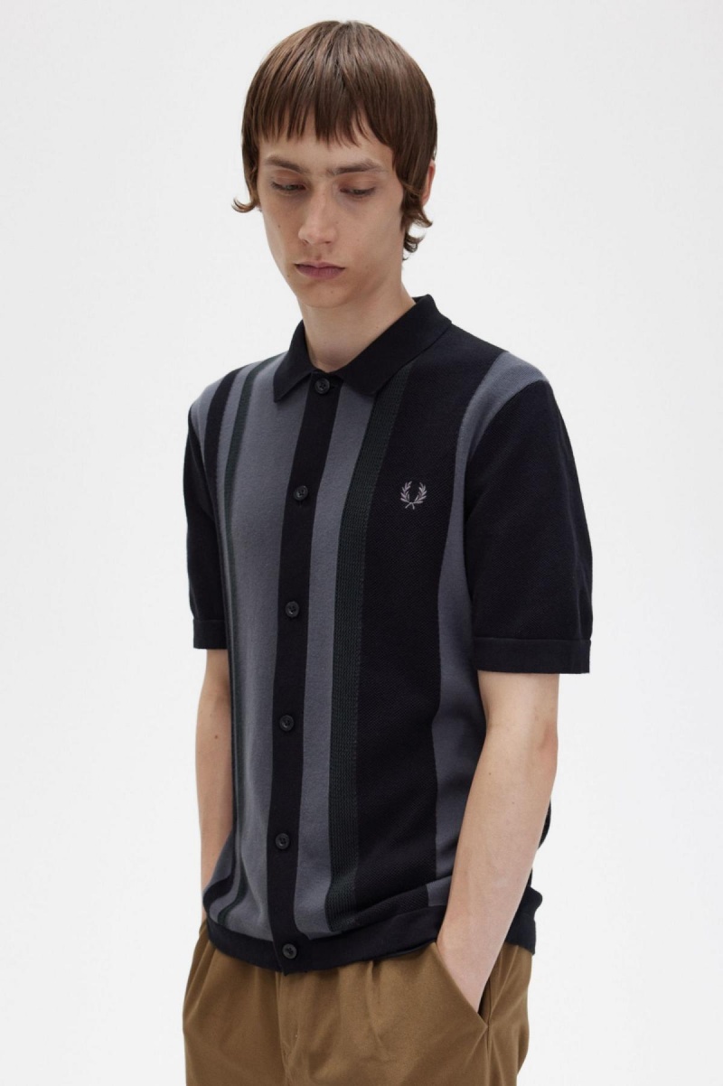 Fred Perry Gestreift Gestrickt Shirt Strickwaren Herren Schwarz | CHJKU87563