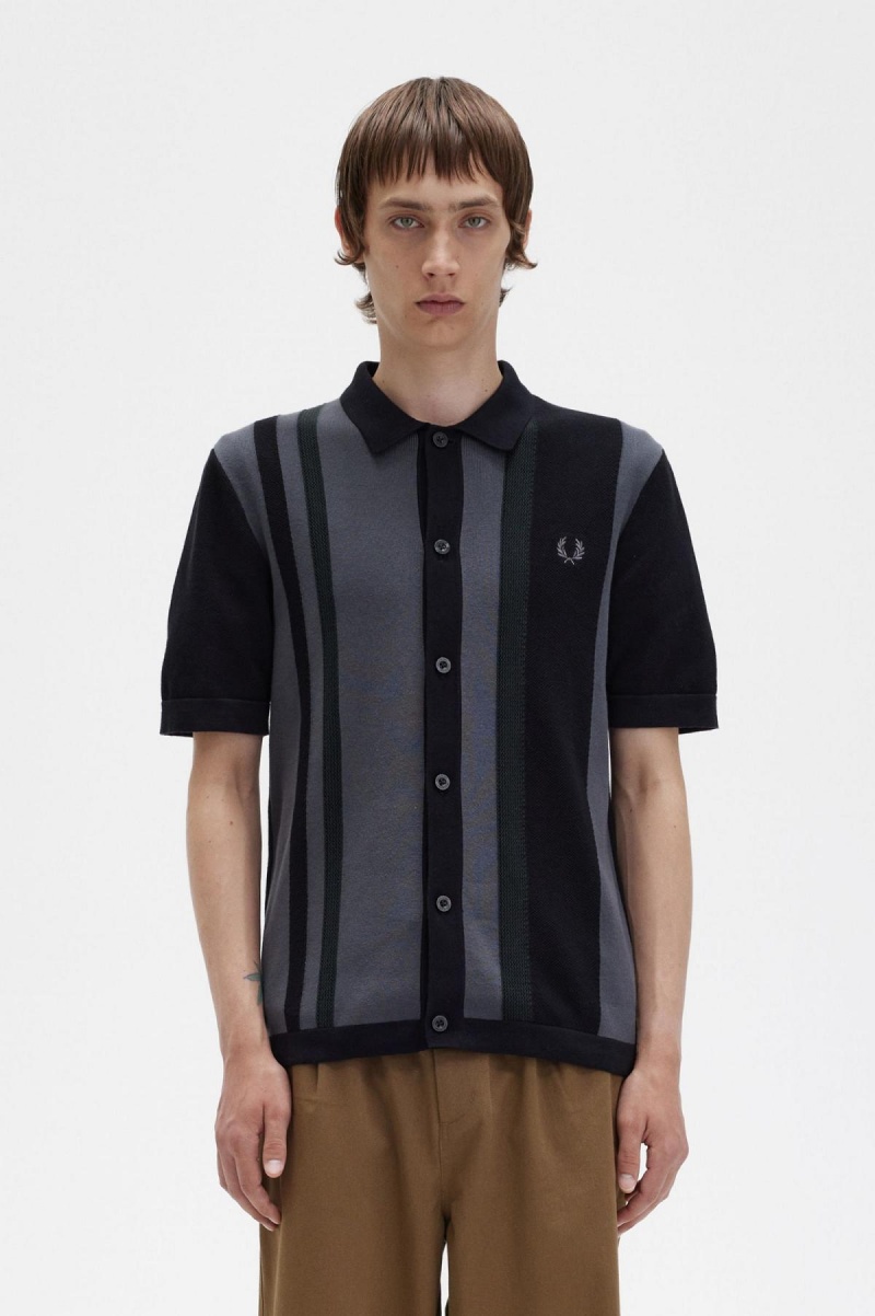 Fred Perry Gestreift Gestrickt Shirt Strickwaren Herren Schwarz | CHJKU87563