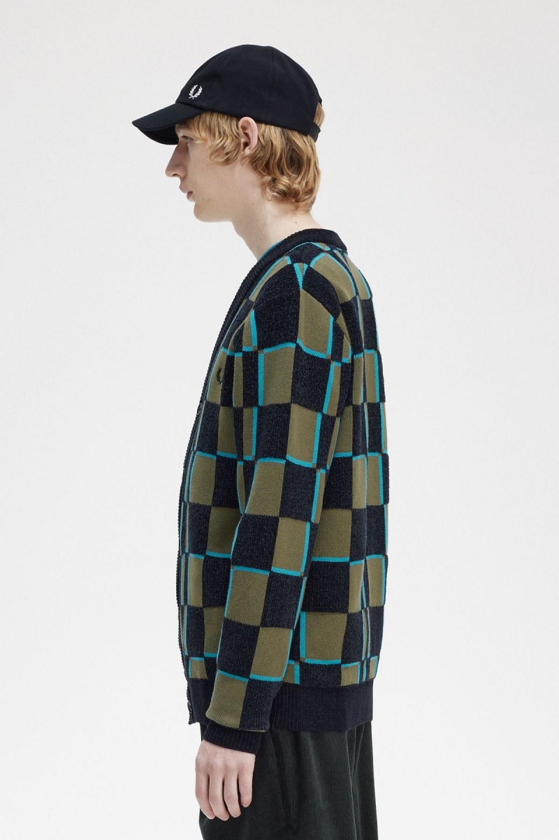 Fred Perry Glitch Chequerboard Cardigan Strickwaren Herren Grün Schwarz | ACHDF13190