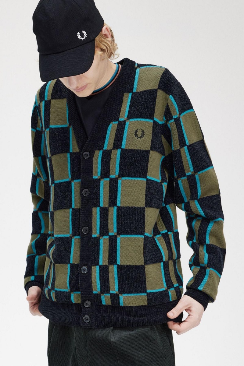 Fred Perry Glitch Chequerboard Cardigan Strickwaren Herren Grün Schwarz | ACHDF13190
