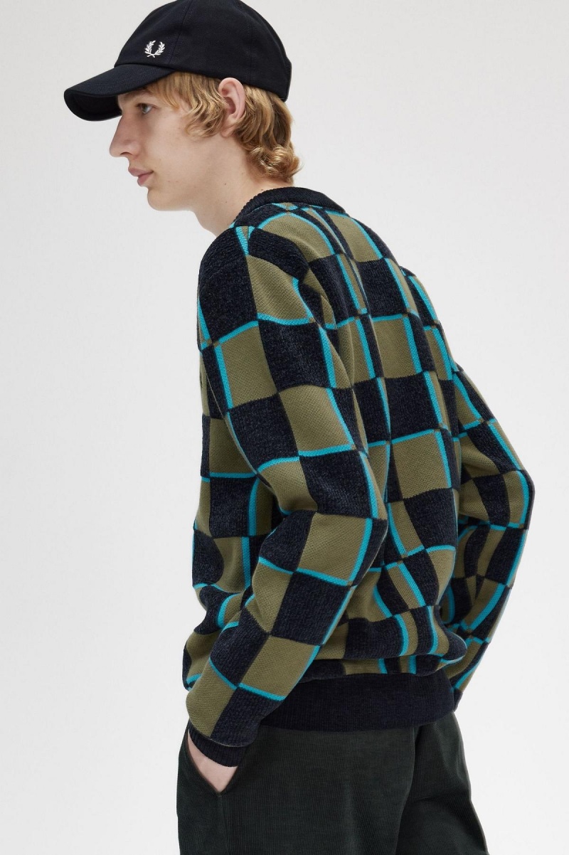 Fred Perry Glitch Chequerboard Cardigan Strickwaren Herren Grün Schwarz | ACHDF13190