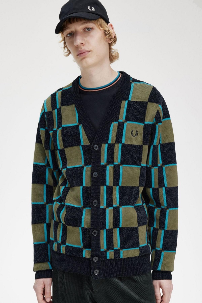 Fred Perry Glitch Chequerboard Cardigan Strickwaren Herren Grün Schwarz | ACHDF13190