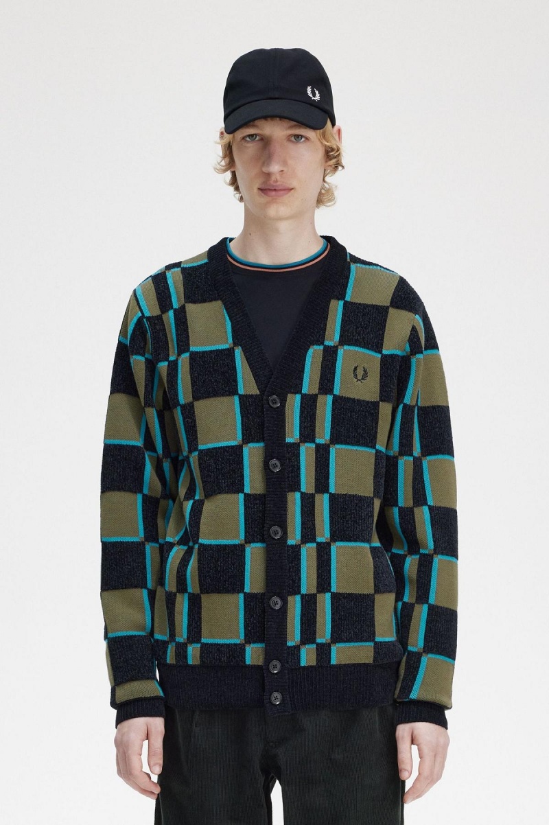 Fred Perry Glitch Chequerboard Cardigan Strickwaren Herren Grün Schwarz | ACHDF13190