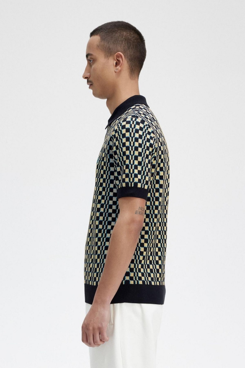 Fred Perry Glitch Chequerboard Gestrickt Shirt Strickwaren Herren Hellschwarz | CHZPD91477