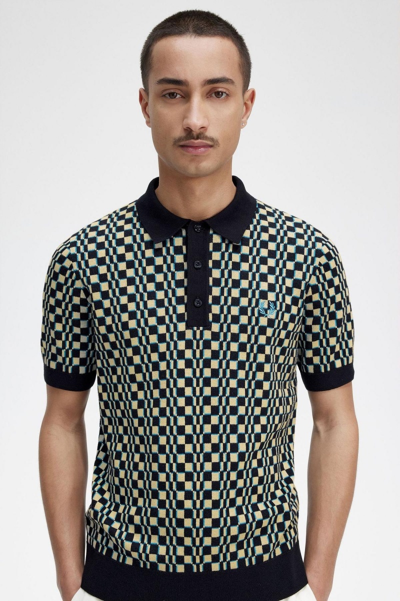 Fred Perry Glitch Chequerboard Gestrickt Shirt Strickwaren Herren Hellschwarz | CHZPD91477