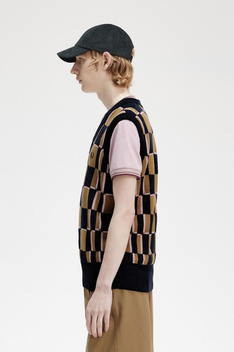 Fred Perry Glitch Chequerboard Tank Strickwaren Herren Navy | YCHVQ76830