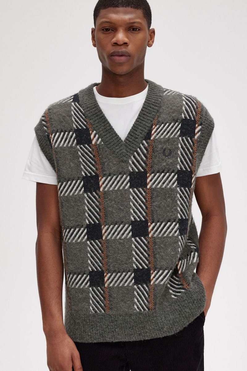Fred Perry Glitch Tartan Gestrickt Tank Strickwaren Herren Grün | CHJZR12514