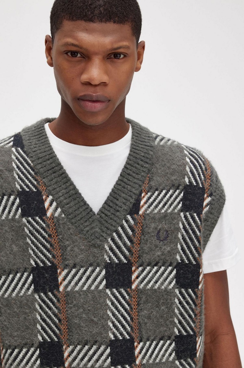 Fred Perry Glitch Tartan Gestrickt Tank Strickwaren Herren Grün | CHJZR12514
