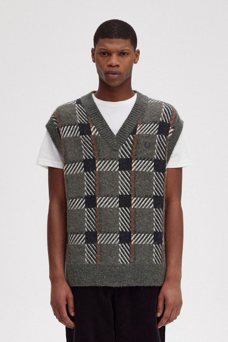 Fred Perry Glitch Tartan Gestrickt Tank Strickwaren Herren Grün | CHJZR12514