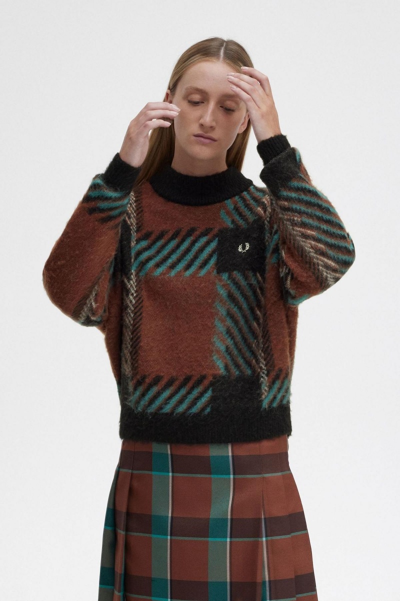 Fred Perry Glitch Tartan Jumper Strickwaren Damen Braun | ZCHMJ81453