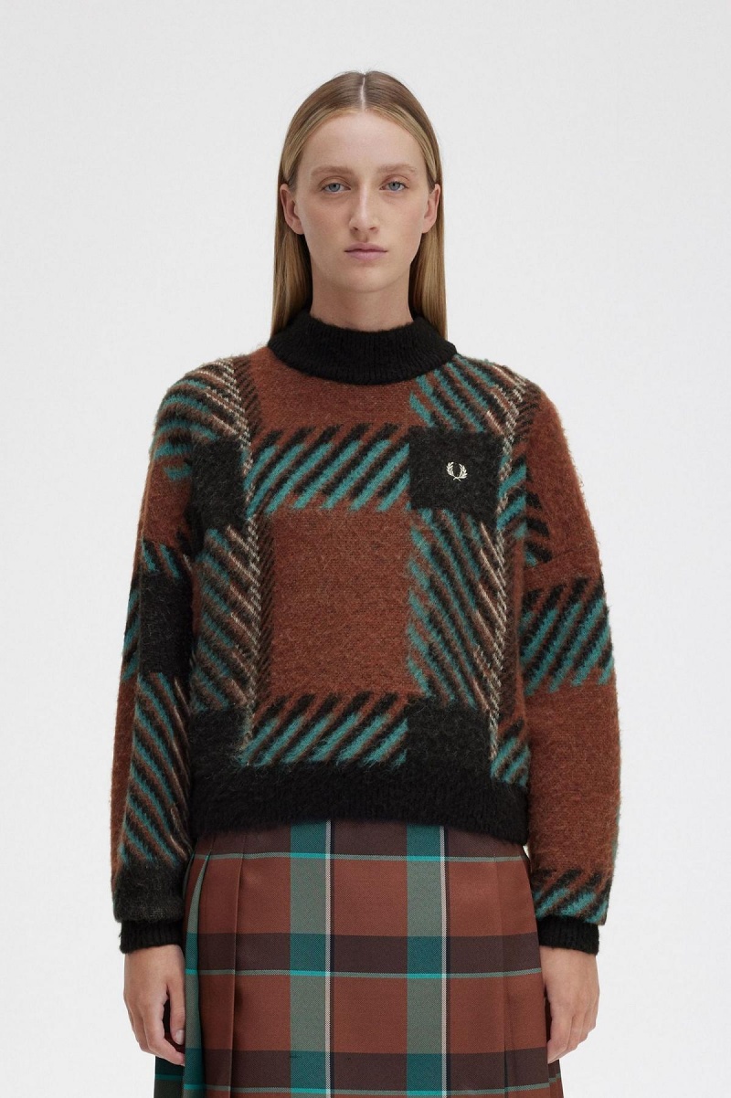 Fred Perry Glitch Tartan Jumper Strickwaren Damen Braun | ZCHMJ81453