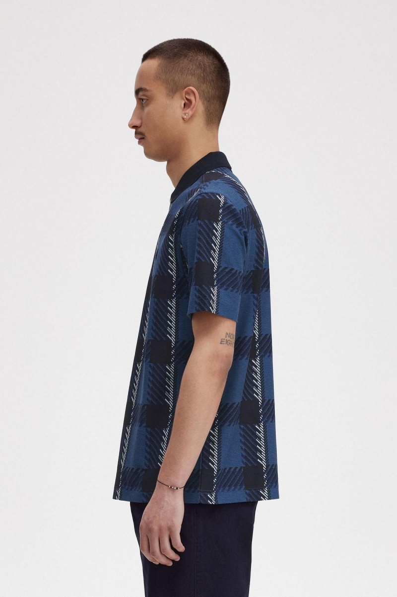 Fred Perry Glitch Tartan Zip Neck Polo Shirt Polo Shirts Herren Blau | CHZDE89749
