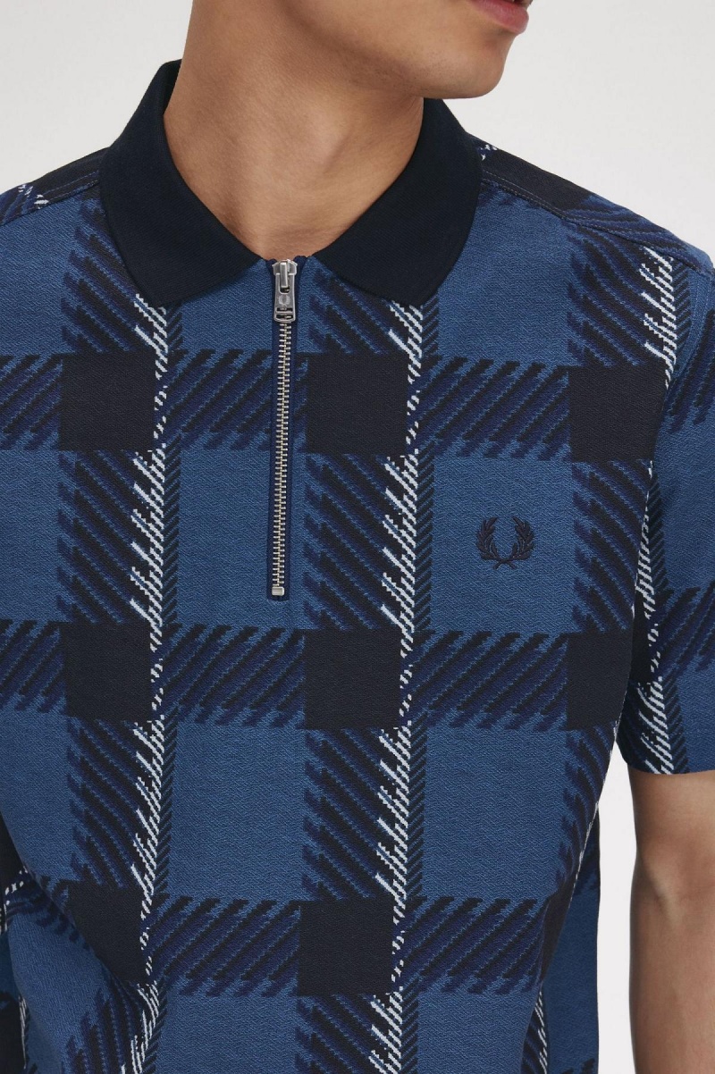 Fred Perry Glitch Tartan Zip Neck Polo Shirt Polo Shirts Herren Blau | CHZDE89749