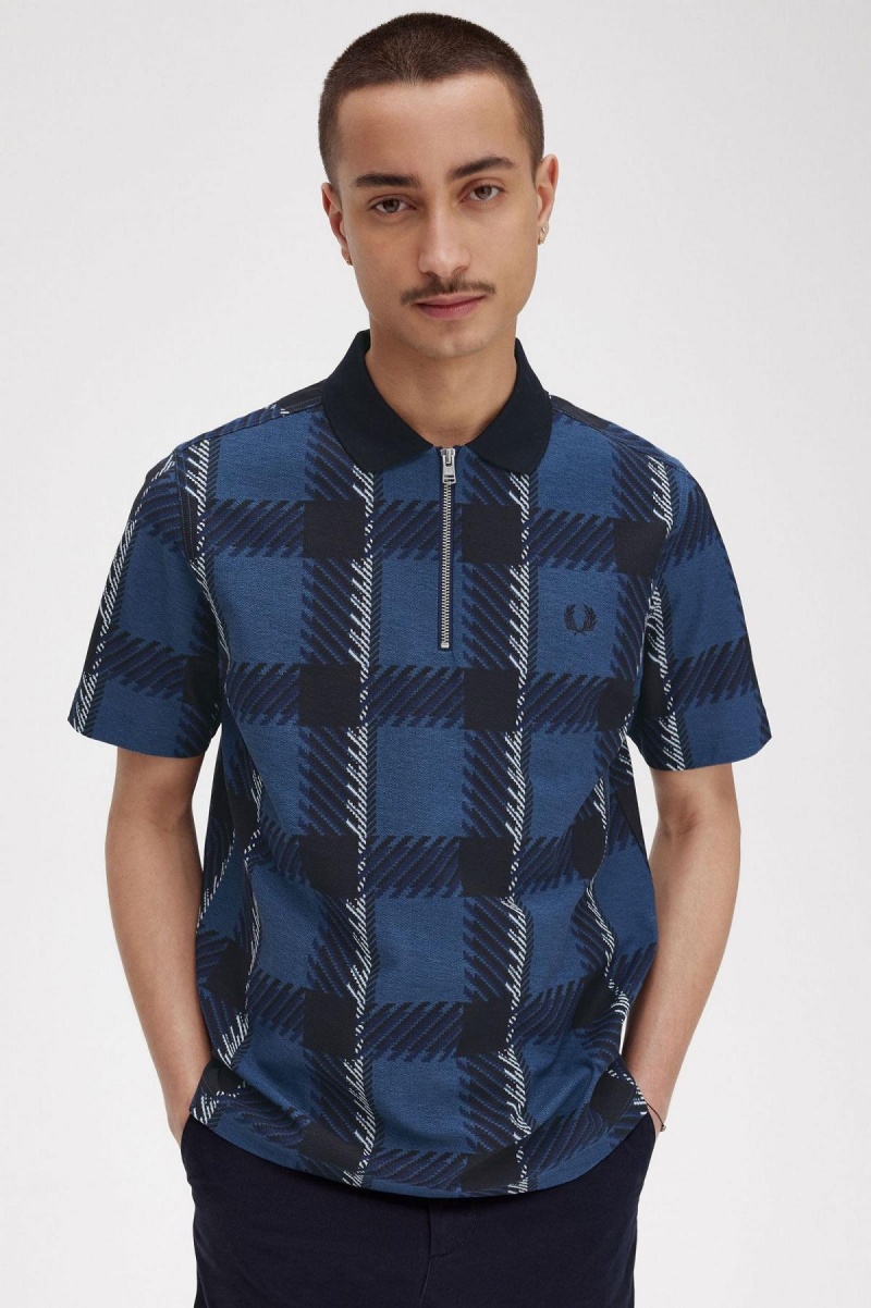 Fred Perry Glitch Tartan Zip Neck Polo Shirt Polo Shirts Herren Blau | CHZDE89749