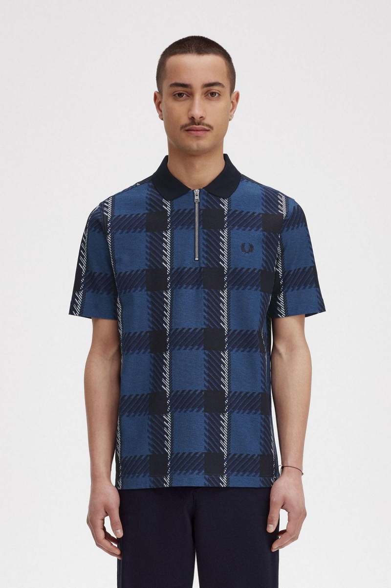 Fred Perry Glitch Tartan Zip Neck Polo Shirt Polo Shirts Herren Blau | CHZDE89749