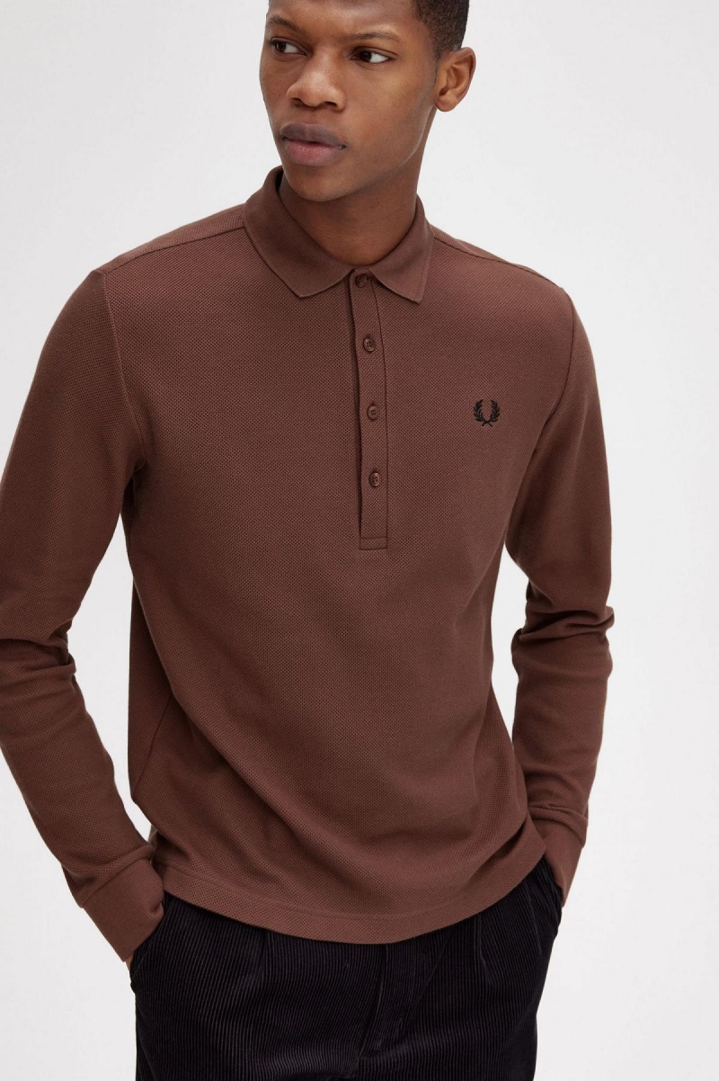 Fred Perry Honeycomb Baumwoll Long Sleeve Polo Shirt Polo Shirts Herren Braun | UCHND54330