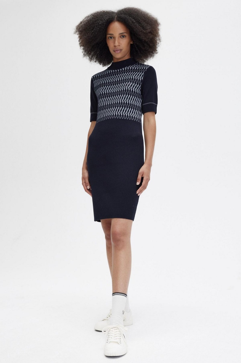 Fred Perry Jacquard Gestrickt Kleid Damen Navy | DCHKV49544