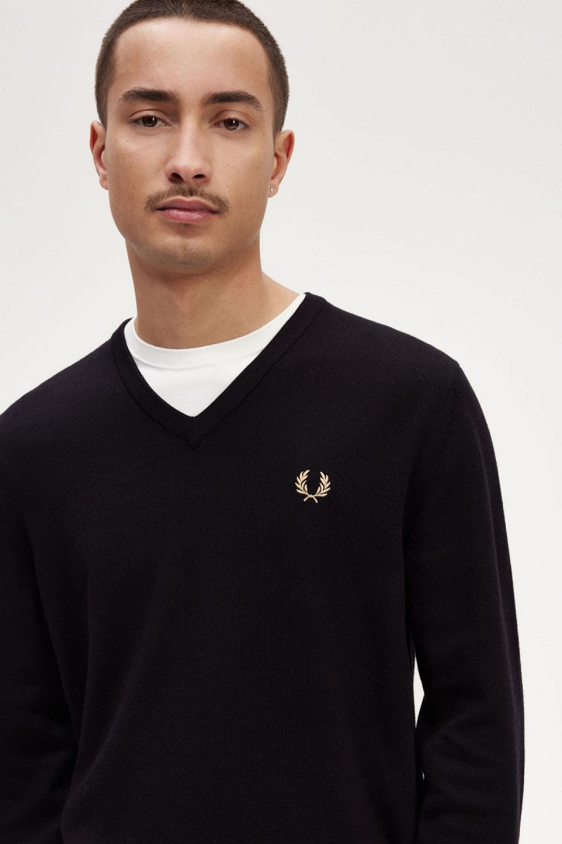 Fred Perry Klassische V-Neck Jumper Strickwaren Herren Schwarz | ECHHC32658