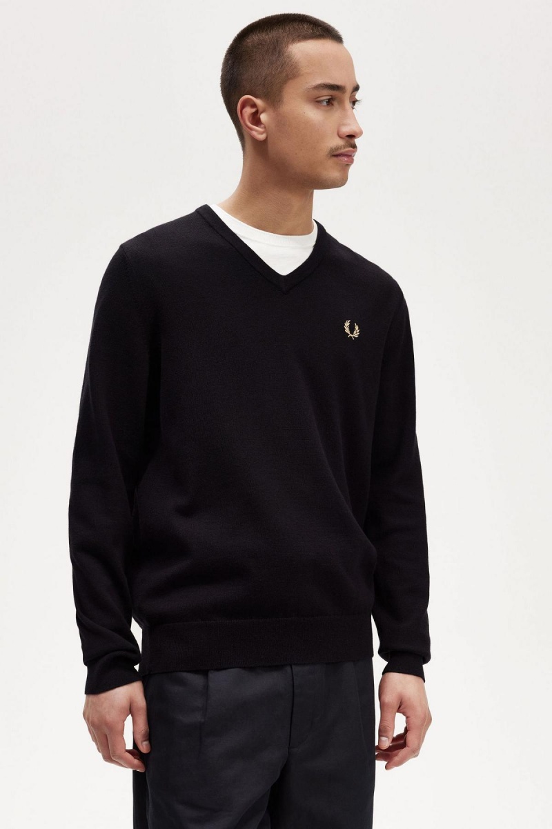 Fred Perry Klassische V-Neck Jumper Strickwaren Herren Schwarz | ECHHC32658