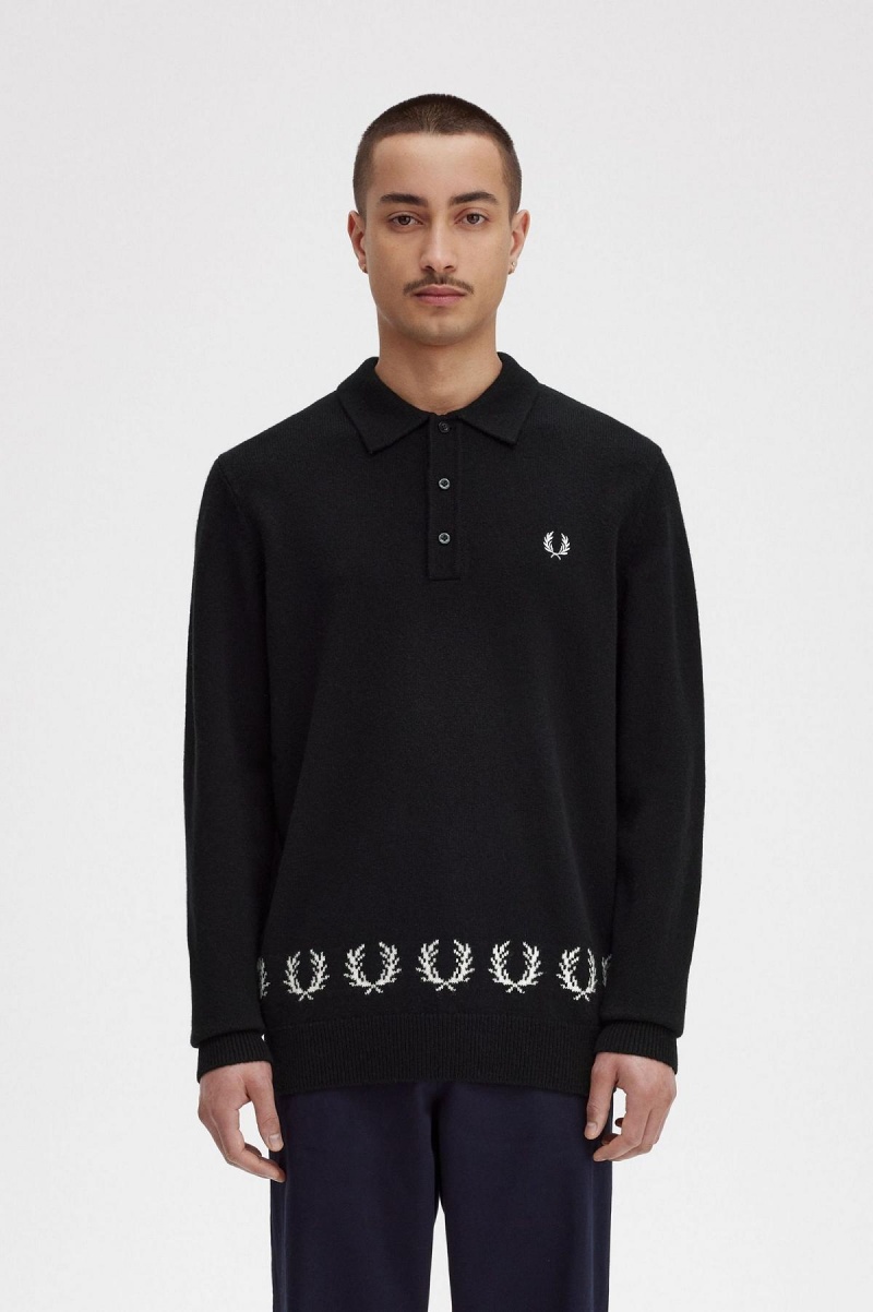 Fred Perry Laurel Wreath Trim Gestrickt Shirt Strickwaren Herren Schwarz | GCHEC71485