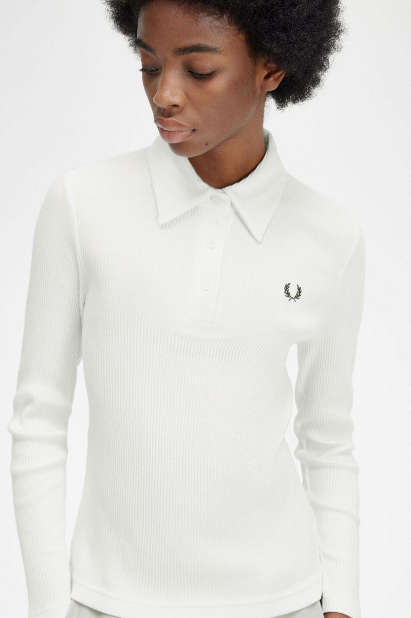 Fred Perry Long Sleeve Gerippt Polo Shirts Damen Weiß | PCHQX19700