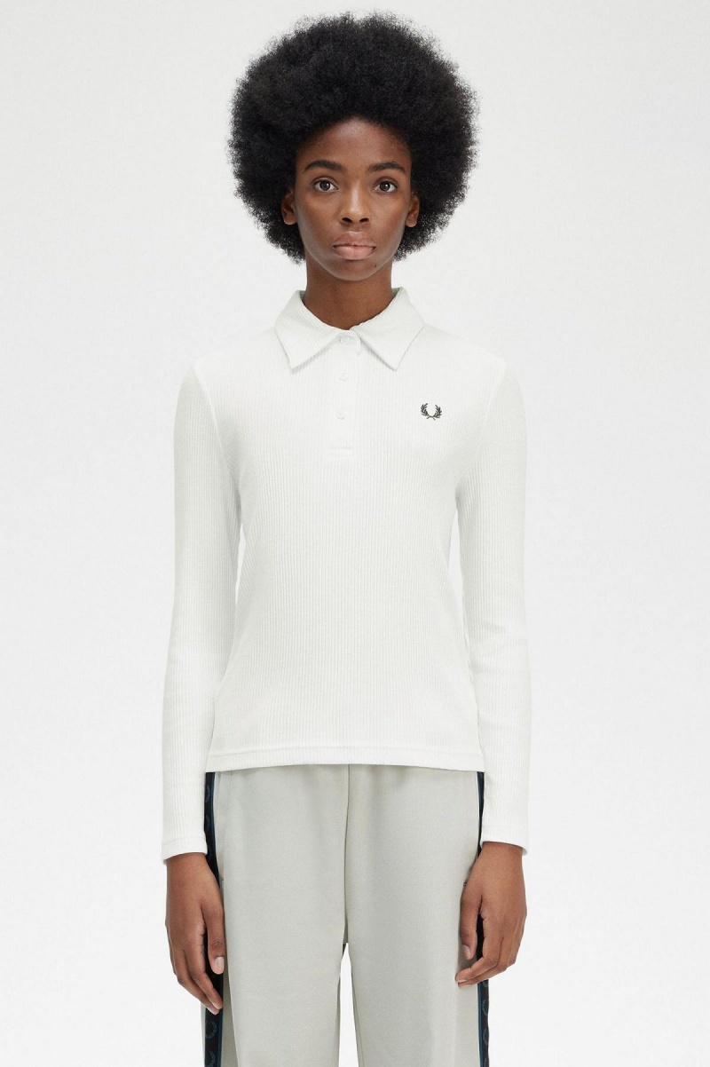 Fred Perry Long Sleeve Gerippt Polo Shirts Damen Weiß | PCHQX19700