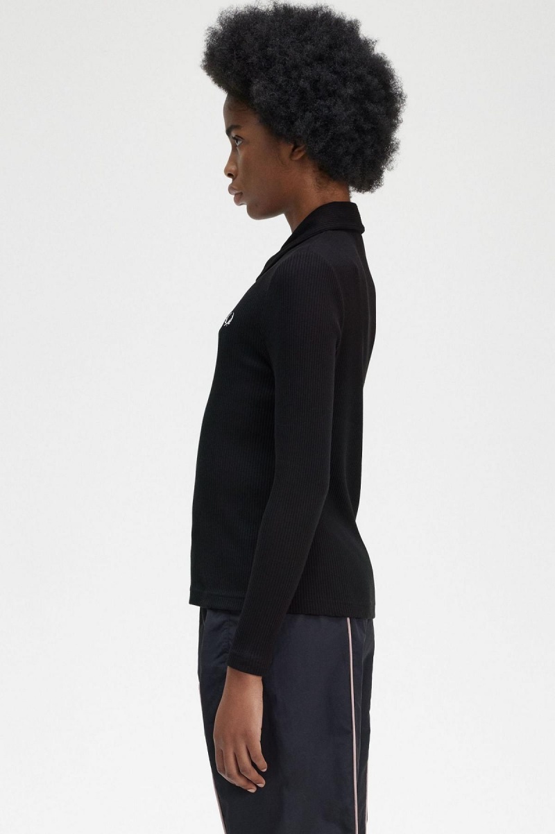 Fred Perry Long Sleeve Gerippt Polo Shirts Damen Schwarz | CHQCS72237