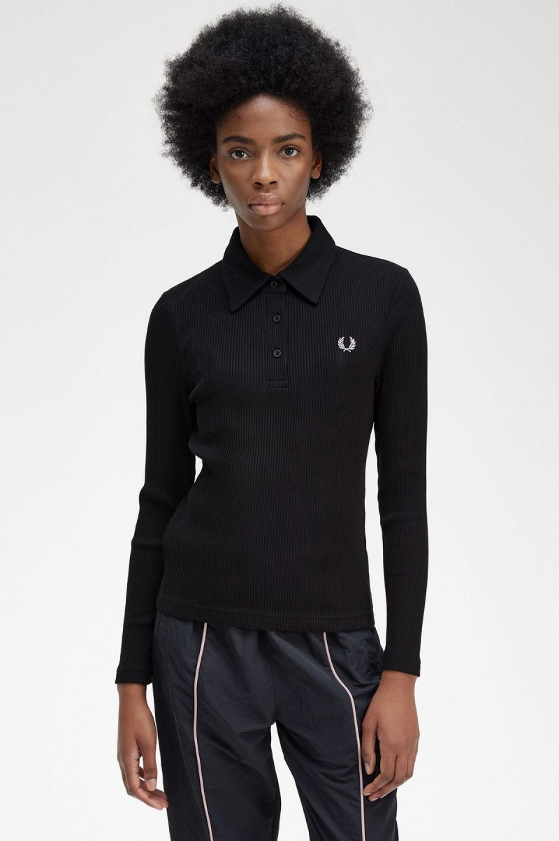 Fred Perry Long Sleeve Gerippt Polo Shirts Damen Schwarz | CHQCS72237