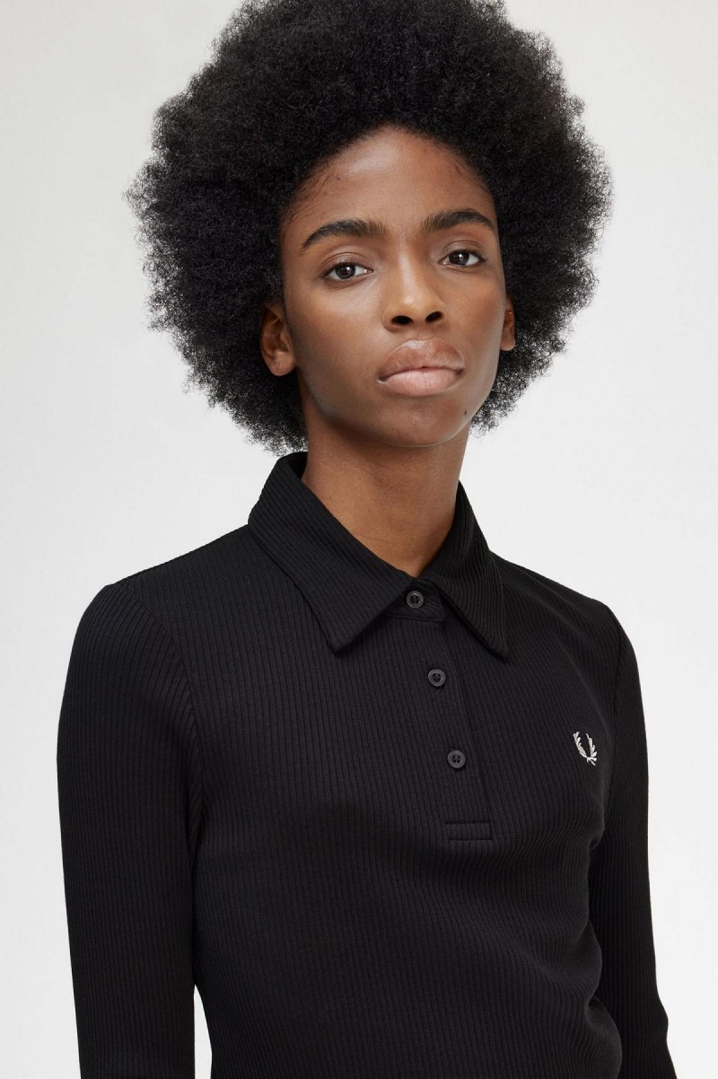 Fred Perry Long Sleeve Gerippt Polo Shirts Damen Schwarz | CHQCS72237