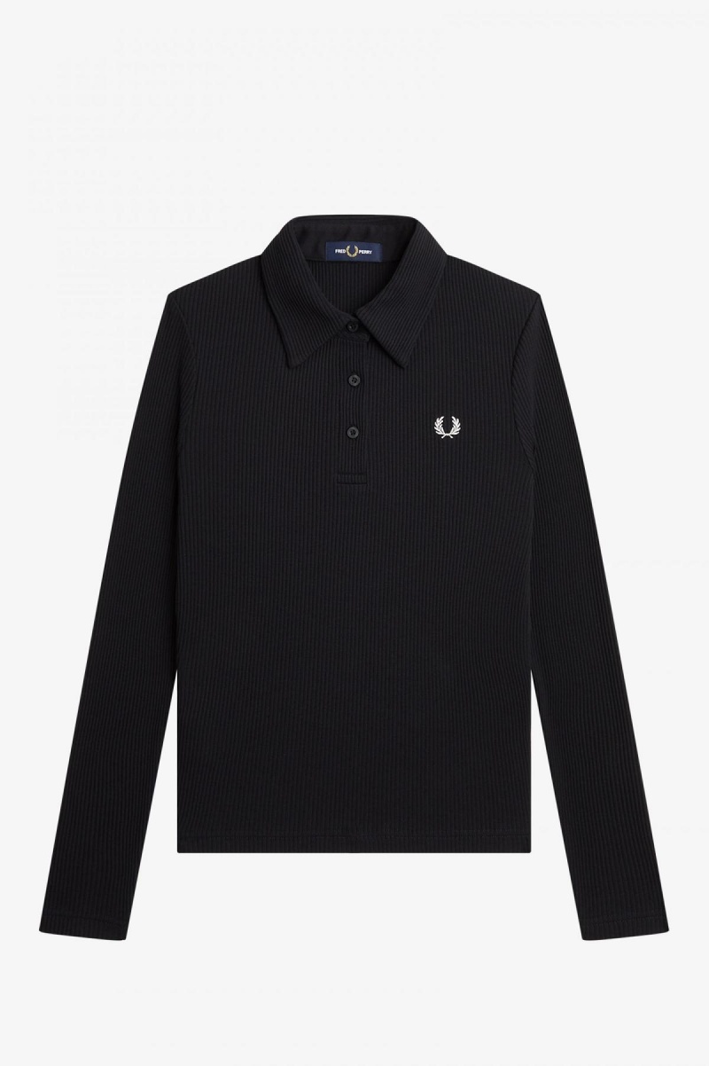 Fred Perry Long Sleeve Gerippt Polo Shirts Damen Schwarz | CHQCS72237