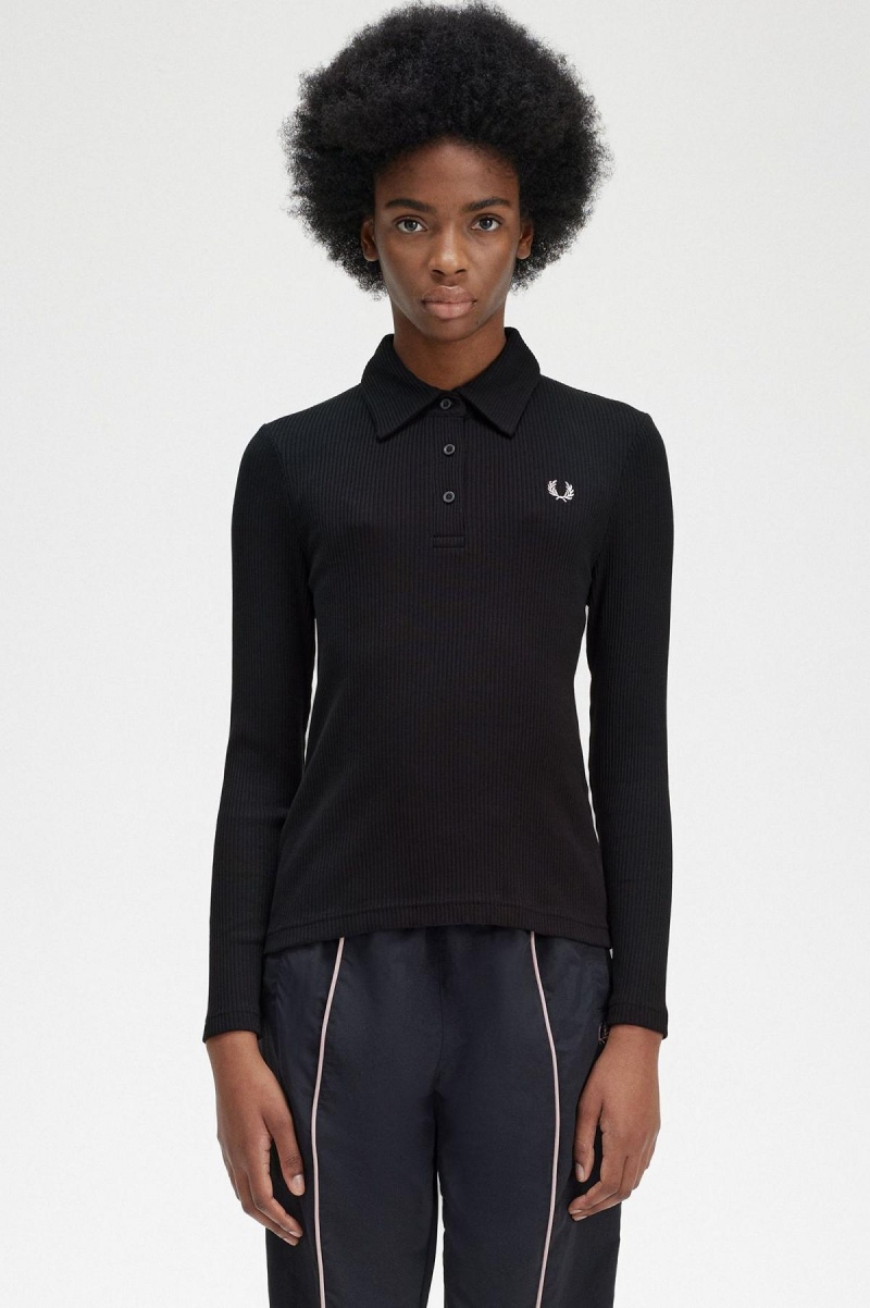 Fred Perry Long Sleeve Gerippt Polo Shirts Damen Schwarz | CHQCS72237