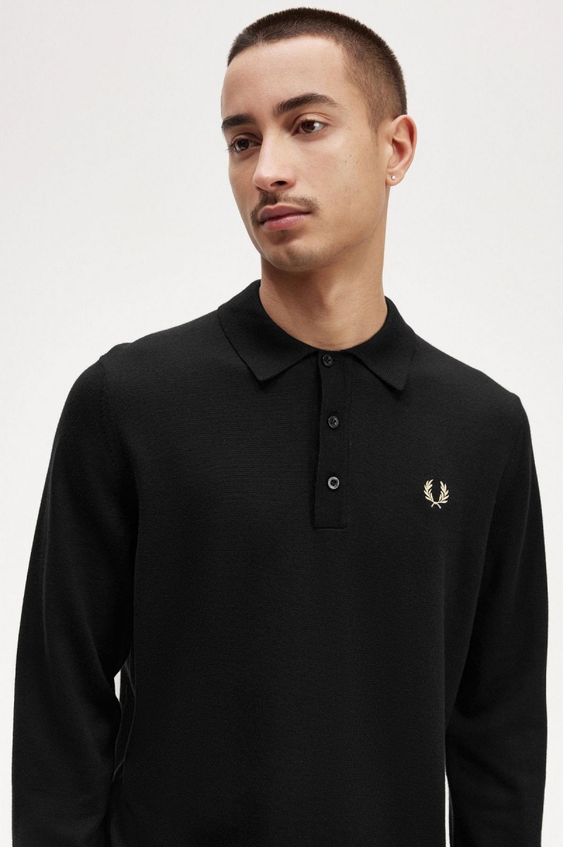 Fred Perry Long Sleeve Gestrickt Shirt Strickwaren Herren Schwarz | CHJVR35928