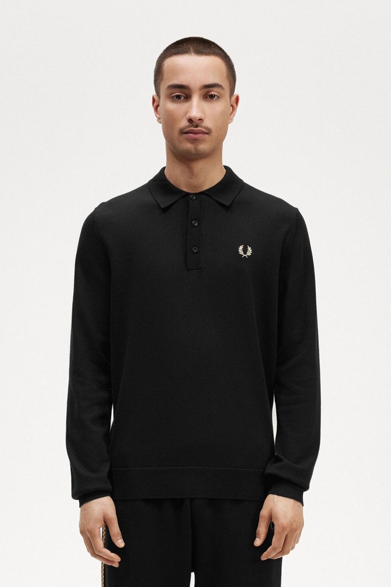 Fred Perry Long Sleeve Gestrickt Shirt Strickwaren Herren Schwarz | CHJVR35928