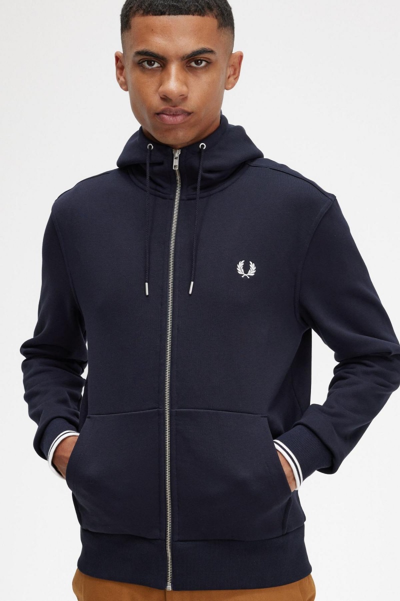 Fred Perry Mit Kapuze Zip Through Sweatshirts Herren Navy | CHJZR34679