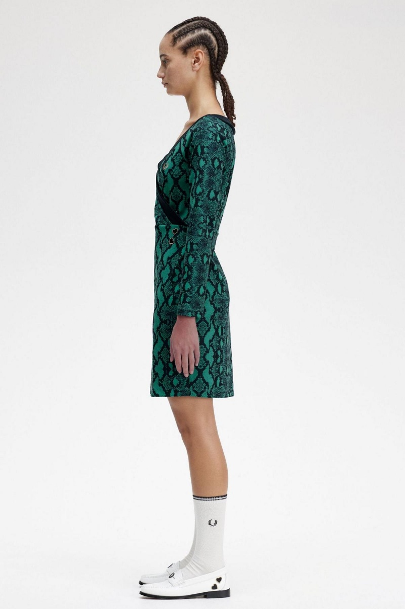 Fred Perry Off-the-Shoulder Snakeprint Kleid Damen Tiefesmintfarben | ZCHNQ66853