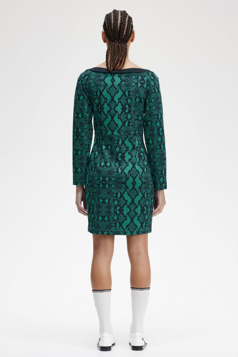 Fred Perry Off-the-Shoulder Snakeprint Kleid Damen Tiefesmintfarben | ZCHNQ66853