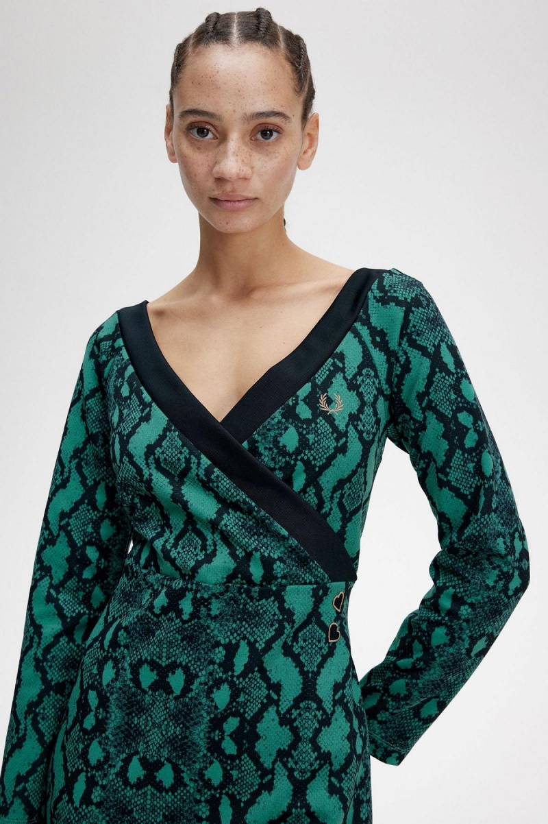 Fred Perry Off-the-Shoulder Snakeprint Kleid Damen Tiefesmintfarben | ZCHNQ66853