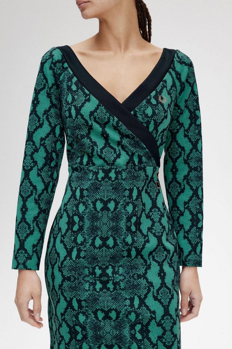 Fred Perry Off-the-Shoulder Snakeprint Kleid Damen Tiefesmintfarben | ZCHNQ66853