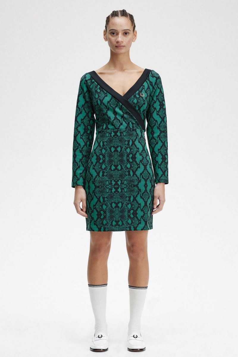 Fred Perry Off-the-Shoulder Snakeprint Kleid Damen Tiefesmintfarben | ZCHNQ66853