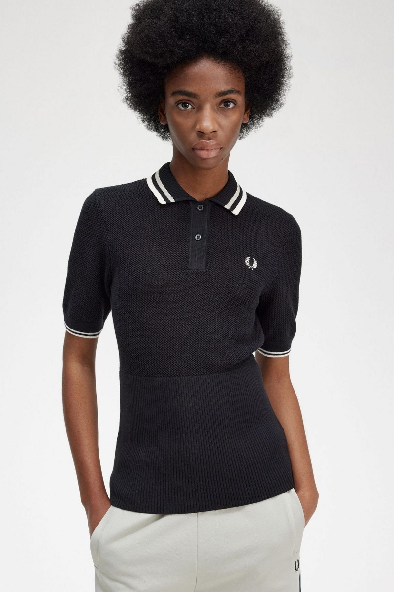 Fred Perry Open-Gestrickt Shirt Strickwaren Damen Schwarz | XCHBH22687