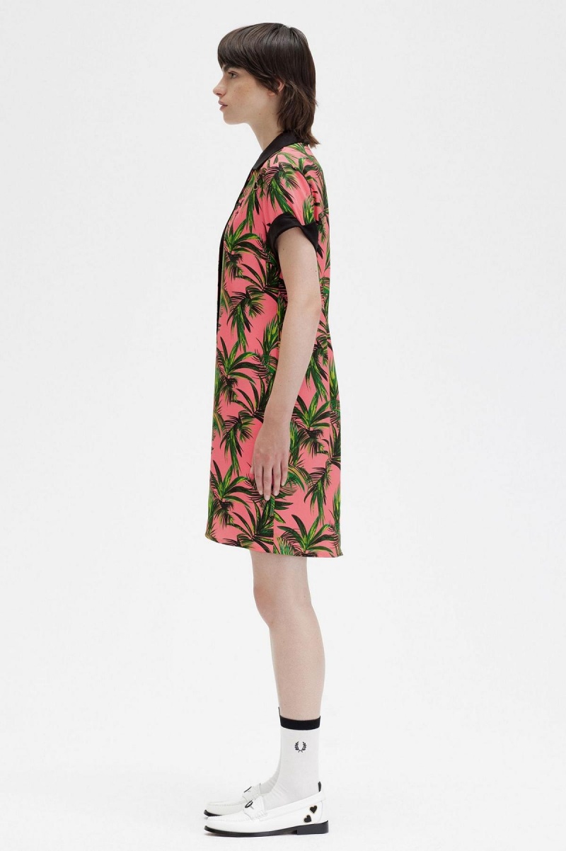 Fred Perry Palm Print Shirt Kleid Damen Koralle | CHDFL37804
