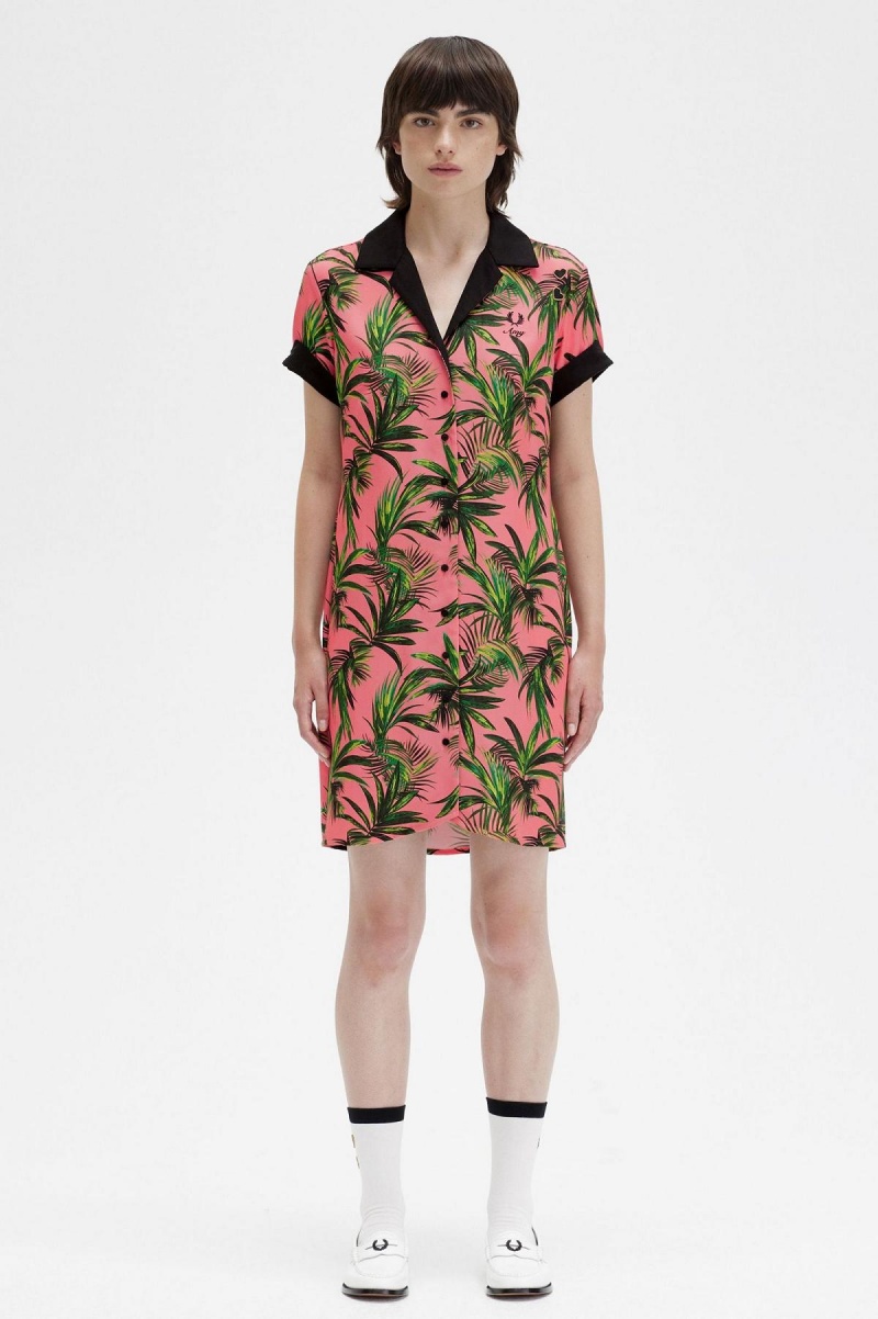 Fred Perry Palm Print Shirt Kleid Damen Koralle | CHDFL37804