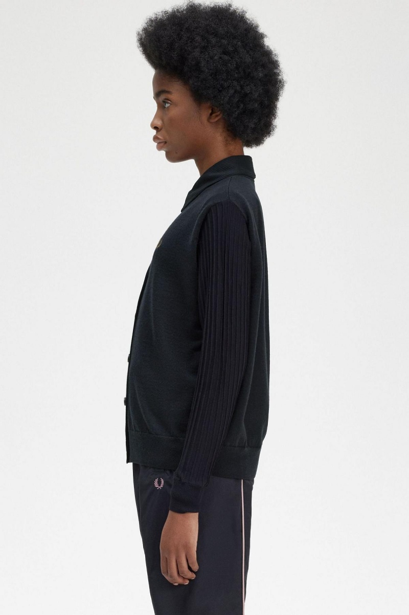Fred Perry Sheer Sleeve Cardigan Strickwaren Damen Schwarz | CHZPD24377