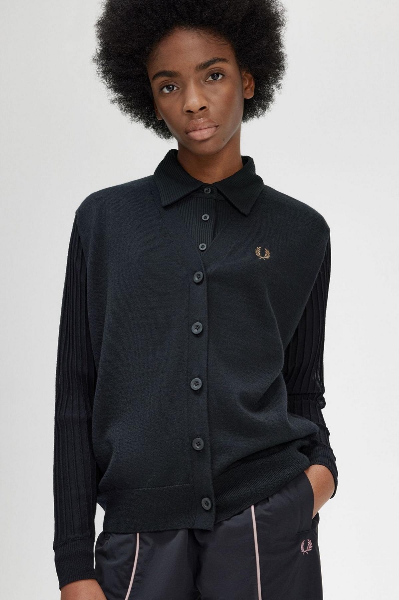Fred Perry Sheer Sleeve Cardigan Strickwaren Damen Schwarz | CHZPD24377