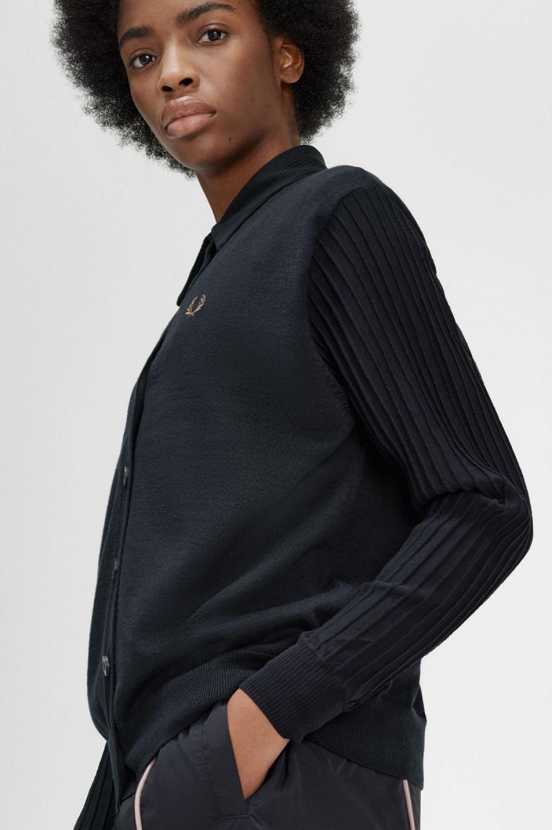 Fred Perry Sheer Sleeve Cardigan Strickwaren Damen Schwarz | CHZPD24377