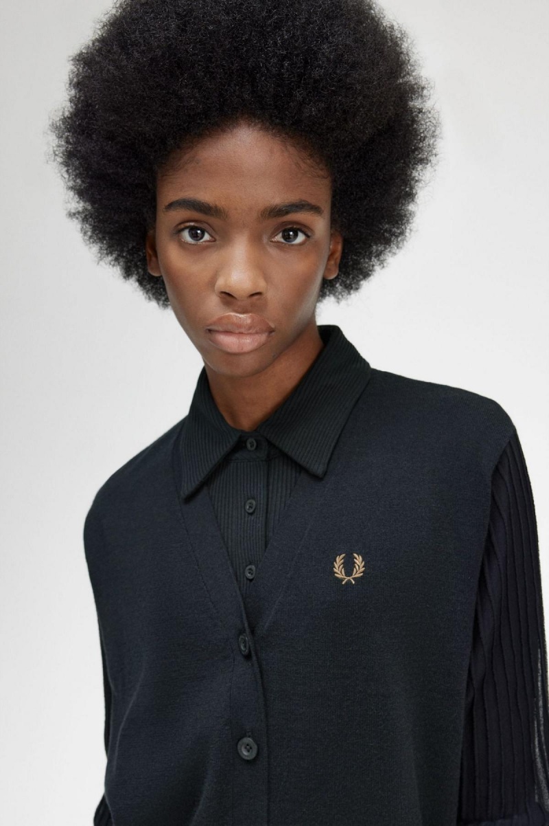 Fred Perry Sheer Sleeve Cardigan Strickwaren Damen Schwarz | CHZPD24377
