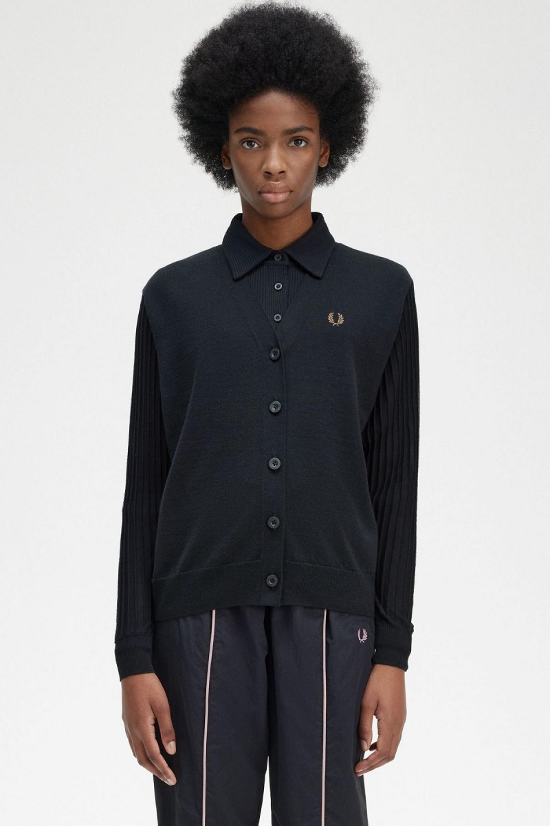 Fred Perry Sheer Sleeve Cardigan Strickwaren Damen Schwarz | CHZPD24377