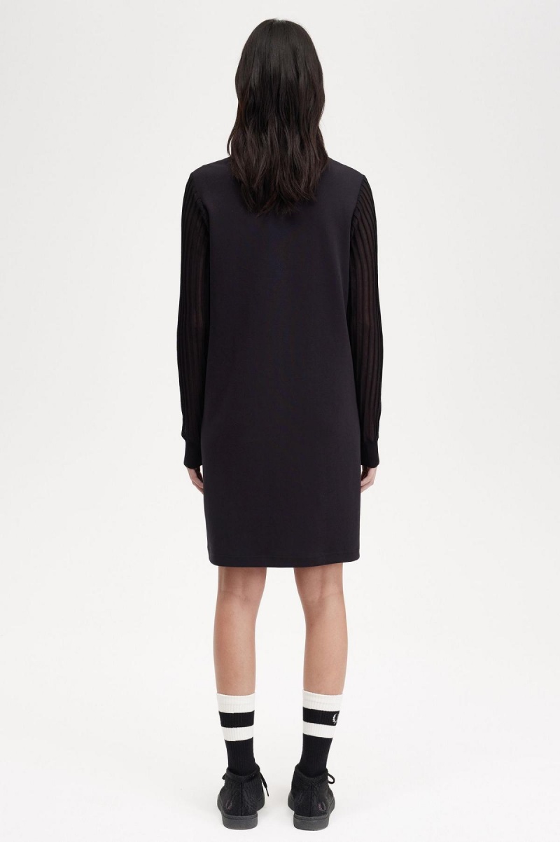 Fred Perry Sheer Sleeve Mock Neck Kleid Damen Schwarz | MCHFT52879