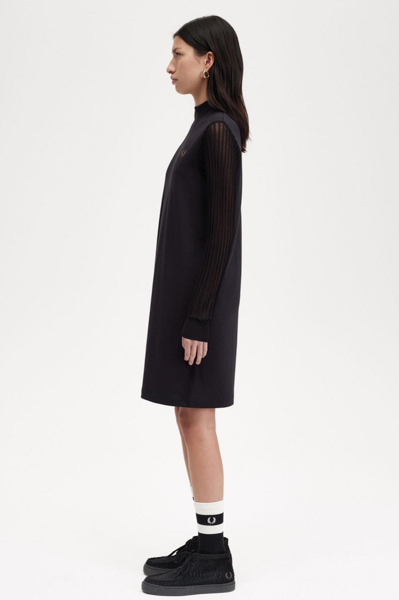 Fred Perry Sheer Sleeve Mock Neck Kleid Damen Schwarz | MCHFT52879